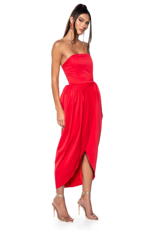 TULIP SKIRT SPAGHETTI STRAP MIDI DRESS IN RED on Sale