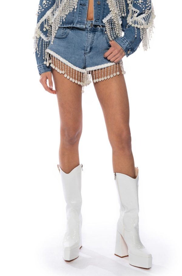 THE WORLD IS YOUR OYSTER PEARL TRIM DENIM SHORTS Online