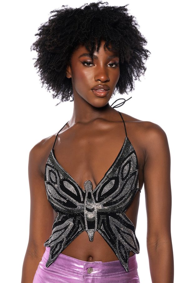 TIME TO FLY SEQUIN BUTTERFLY TOP IN BLACK Sale