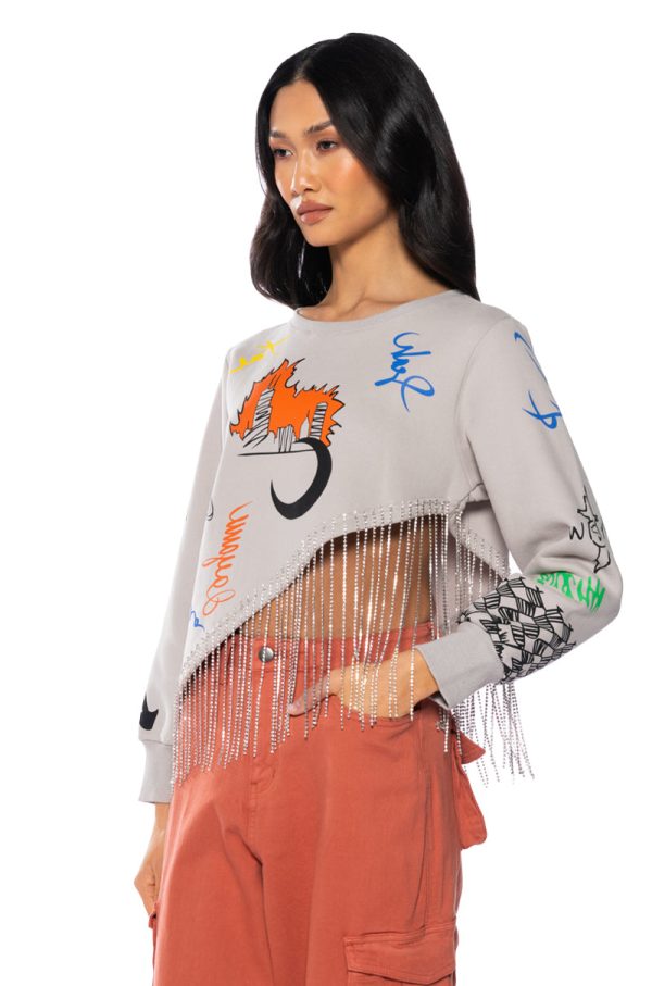 ULTRACHIC EMBELLISHED RHINESTONE FRINGE SWEATSHIRT Cheap