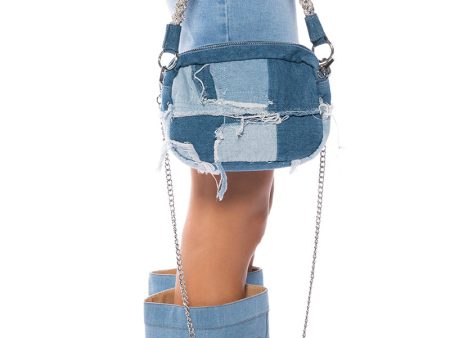 TANIA DENIM PATCH BAG WITH DIAMOND STRAP Cheap