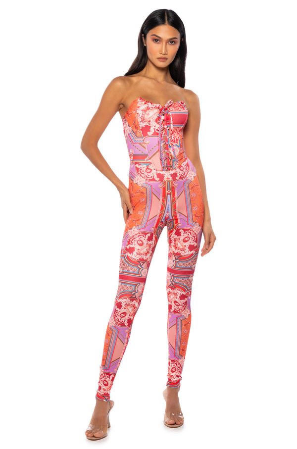 UNMATCHED PATTERNED CORSET JUMPSUIT Online now