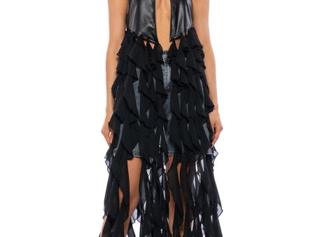 UH OH HONEY WATERFALL RUFFLE VEST IN BLACK on Sale