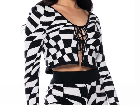 WAVY CHECKERED TIE FRONT CROPPED SWEATER Cheap