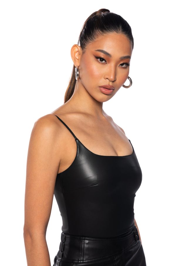 ULTRA STRETCH FAUX LEATHER SQUARE NECK BODYSUIT IN BLACK Cheap