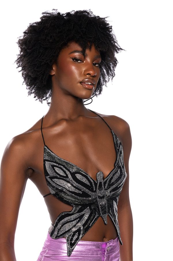 TIME TO FLY SEQUIN BUTTERFLY TOP IN BLACK Sale