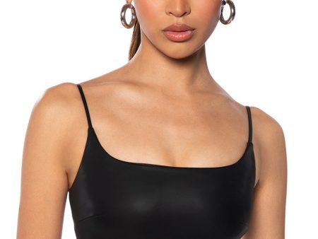 ULTRA STRETCH FAUX LEATHER SQUARE NECK BODYSUIT IN BLACK Cheap