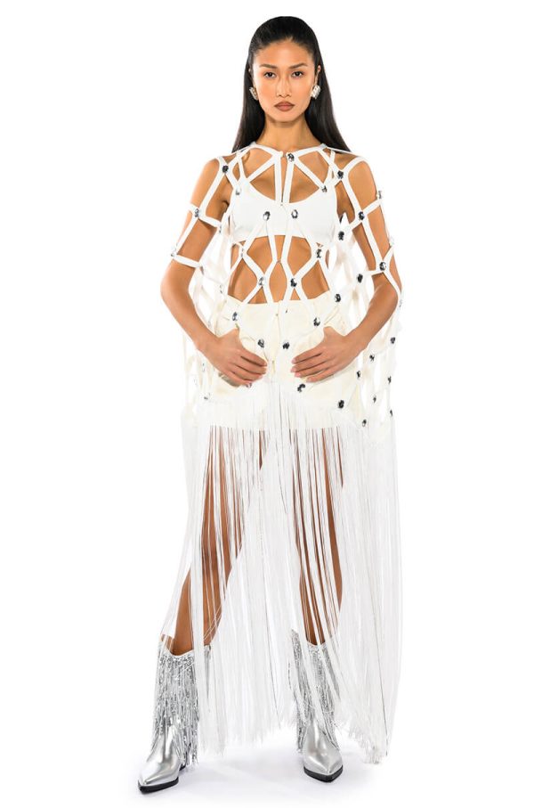 WHITE ZELINA FRINGE EMBELLISHED LONG CARDIGAN Online Hot Sale