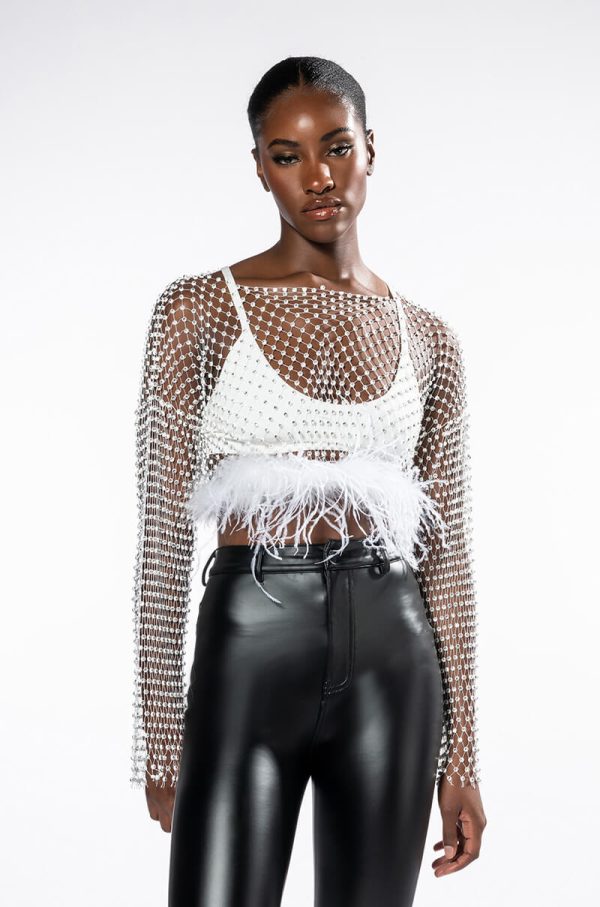 WANT MORE RHINESTONE TOP WITH FEATHER DETAILS Fashion