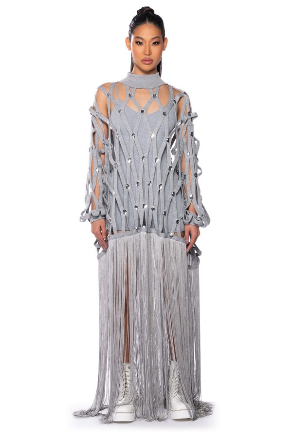 TIED UP FRINGE EMBELLISHED LONG SWEATER Supply