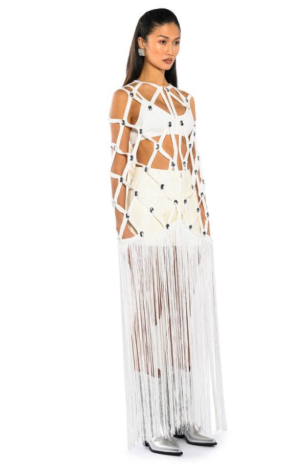 WHITE ZELINA FRINGE EMBELLISHED LONG CARDIGAN Online Hot Sale