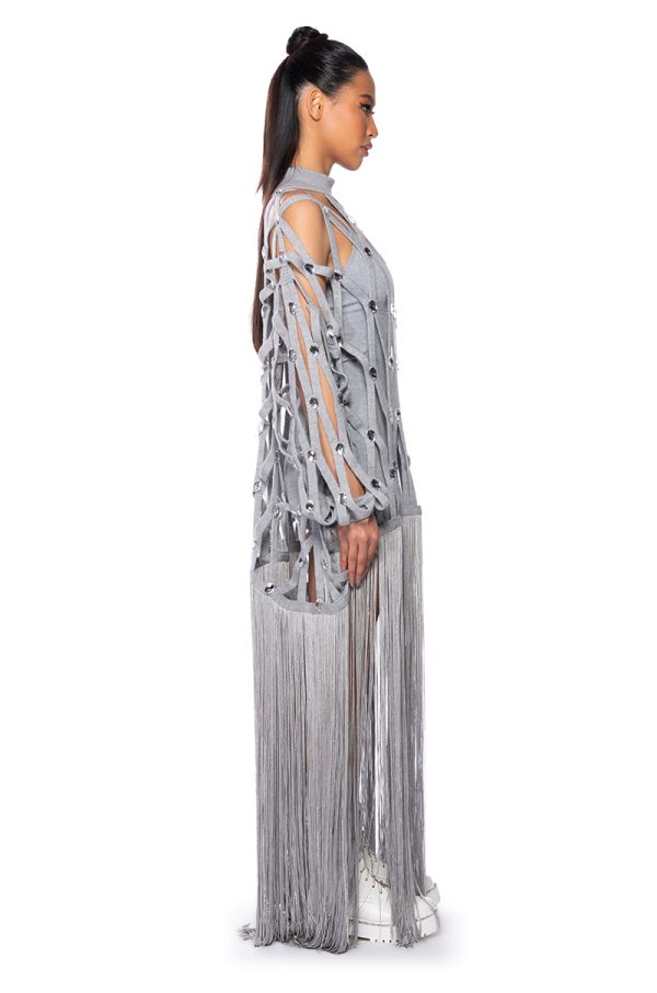 TIED UP FRINGE EMBELLISHED LONG SWEATER Supply