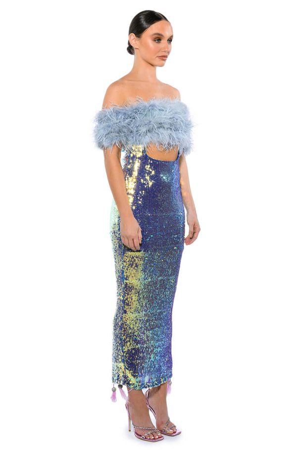 TOP TIER FEATHER DETAIL SEQUIN MAXI DRESS Hot on Sale