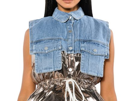 TO THE MOON METALLIC PUFFER VEST WITH DENIM Hot on Sale