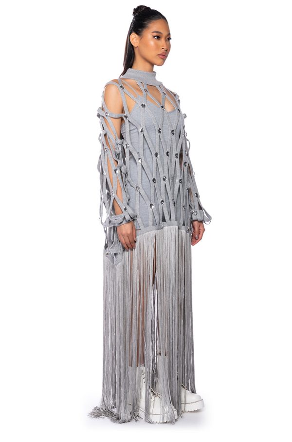 TIED UP FRINGE EMBELLISHED LONG SWEATER Supply