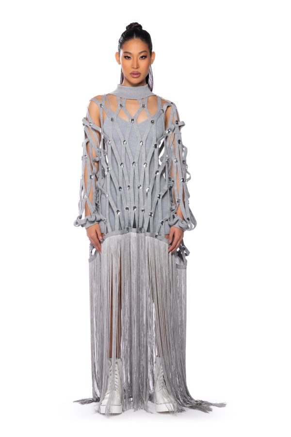 TIED UP FRINGE EMBELLISHED LONG SWEATER Supply