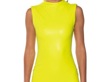 ULTRA LUX FAUX LEATHER MOCK NECK MINI DRESS IN LIME GREEN Online now