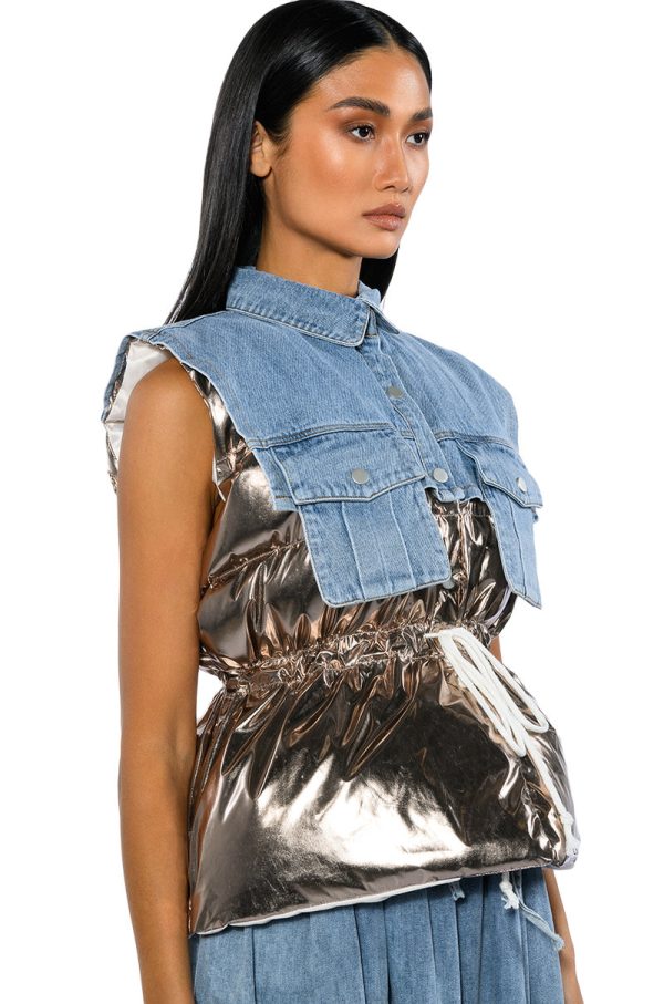 TO THE MOON METALLIC PUFFER VEST WITH DENIM Hot on Sale