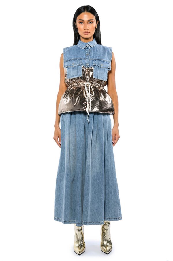 TO THE MOON METALLIC PUFFER VEST WITH DENIM Hot on Sale