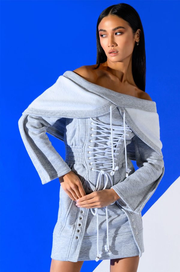 TIED UP IN LOVE CORSET LONG SLEEVE SWEATSHIRT DRESS on Sale