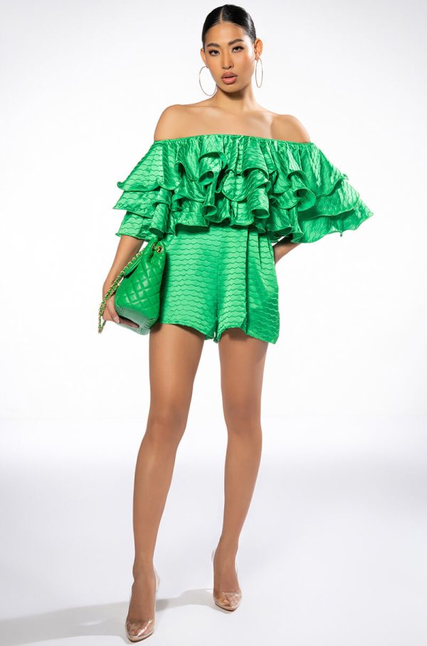 WEEKEND OFF THE SHOULDER RUFFLE ROMPER Hot on Sale