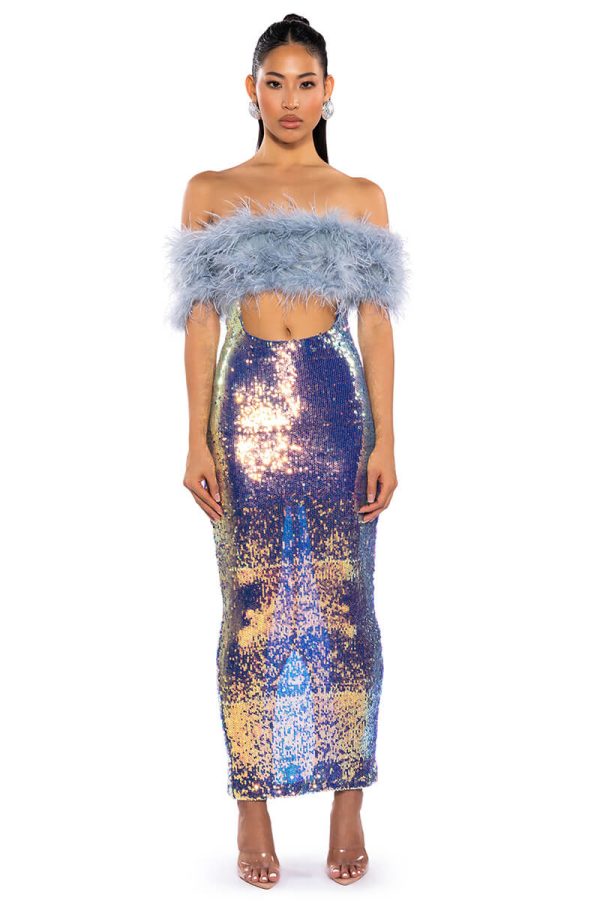 TOP TIER FEATHER DETAIL SEQUIN MAXI DRESS Hot on Sale